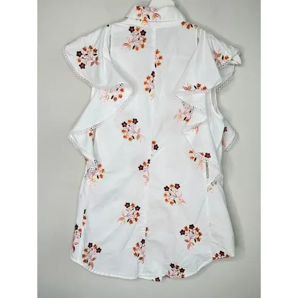 Pearl by Lela Rose Embroidered Floral Ruffle Trim Button-Up Shirt White Small - Picture 6 of 11